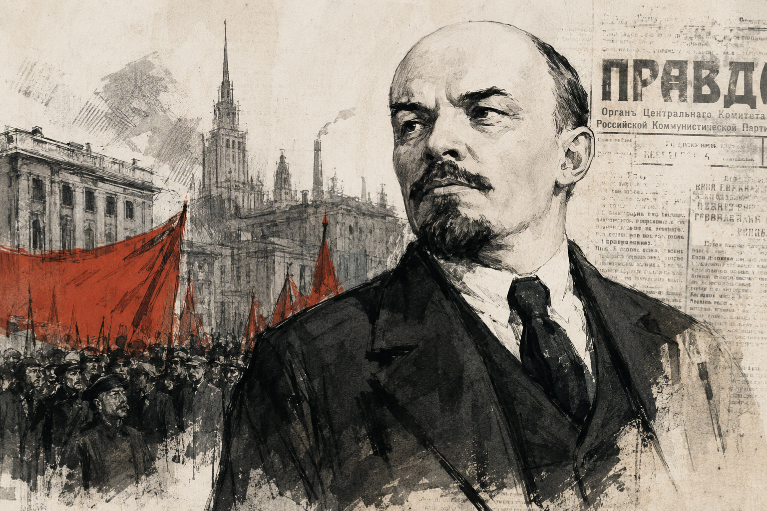 Illustrazione editoriale dedicata a Lenin e alla rivoluzione bolscevica