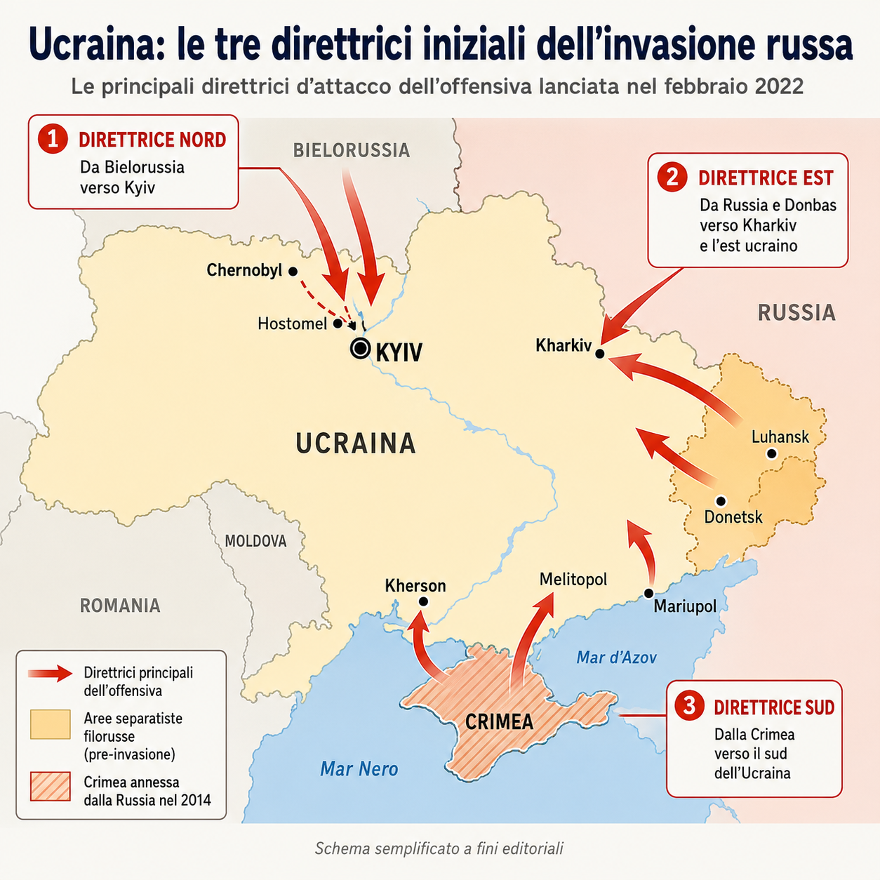Mappa delle tre direttrici dell’invasione russa dell’Ucraina del 24 febbraio 2022